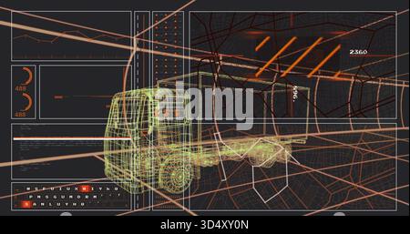 Displaying wireframe truck model rotating over digital city map, with HUD panels and route markers Stock Photo