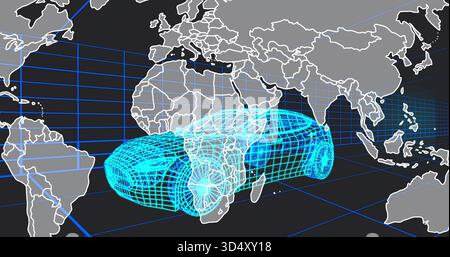 Displaying two cyan wireframe cars overlapping in virtual 3D scene with white outlines, blue grid Stock Photo