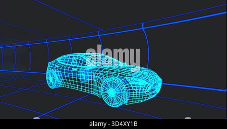 Displaying wireframe four-door sedan model sitting inside glowing blue grid tunnel, showing wheels Stock Photo