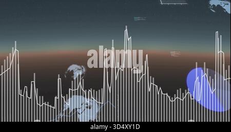 Displaying data visual showing vertical bars, white line, globe motifs at digital dash, blue glow Stock Photo
