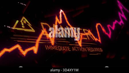 Flashing DANGER slicing neon waveforms on HUD, showing IMMEDIATE ACTION REQUIRED with yellow icon Stock Photo