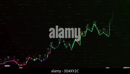 Displaying neon-colored price line climbing on dark trading dashboard, with candlestick markers Stock Photo