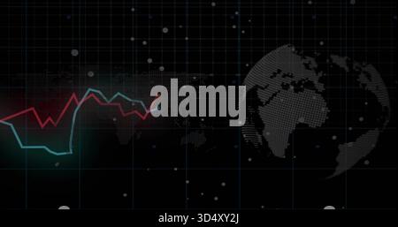 Displaying dotted world map, globe, teal or red line charts and glowing red endpoint on dark grid Stock Photo