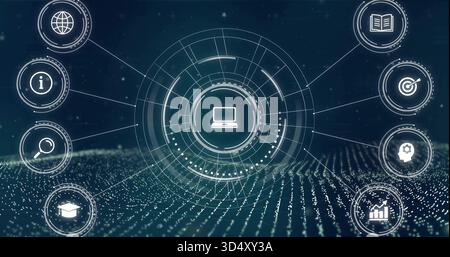 Displaying central circular HUD with laptop icon, rings on virtual dotted grid, with edge icons Stock Photo