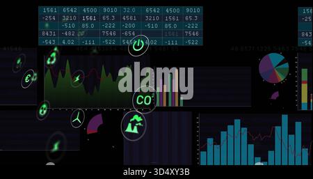 Displaying dark analytics UI on-screen showing table, area chart, bars, pie chart and CO2 icons Stock Photo