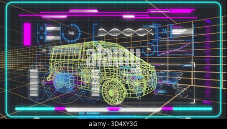 Displaying wireframe 3D SUV scanning on virtual HUD with wheel schematics, progress rings Stock Photo