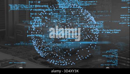 Projecting holographic globe hovering over server racks at data center, with floating code Stock Photo