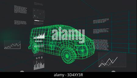 Showing wireframe compact van occupying center in design studio, with grid floor and HUD panels Stock Photo