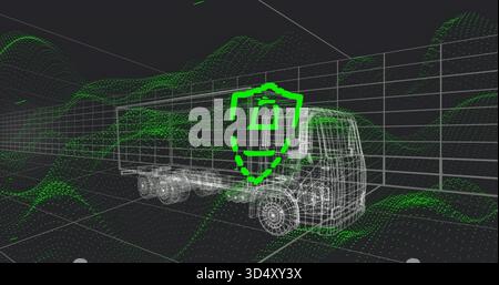 Displaying wireframe tractor-trailer truck rotating in 3D grid space, showing neon shield padlock Stock Photo
