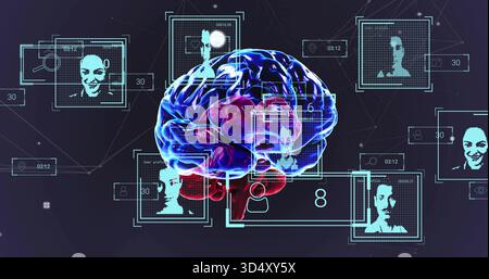 Displaying large stylized 3D brain model linking HUD frames and pixelated portraits in cyberspace Stock Photo