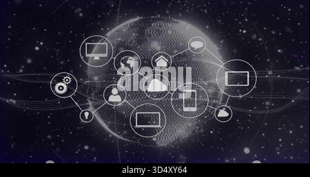 Displaying dotted globe linking network icons, dotted lines, waves, dots on navy backdrop Stock Photo