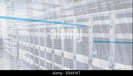 Displaying bank of server racks overlaying log columns in server room aisle, LED lights glowing Stock Photo