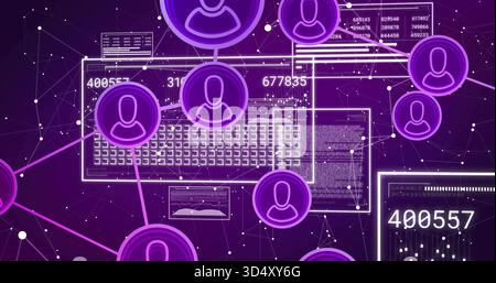 Displaying purple avatar hub linking with magenta lines over glowing keyboard grid, showing numbers Stock Photo