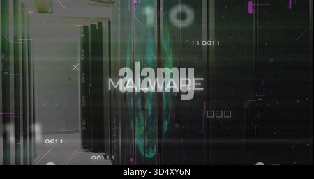Glowing MALWARE text hovering over teal skull glyph in server room, showing binary digits Stock Photo