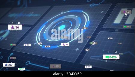 Displaying concentric circular HUD on tilted grid plane, showing badges 6126 237 55 16 and cursor Stock Photo