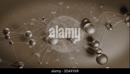 Rotating textured central globe linking metallic nodes with thin lines in 3D view, data labels Stock Photo