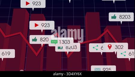 Displaying red 3D bars, jagged trend line on dark purple grid, showing white callouts with icons Stock Photo