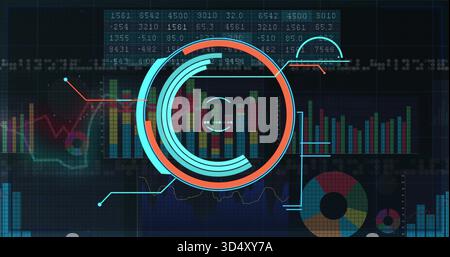 Displaying central ring HUD on dark dashboard, showing bar charts, line graphs, numeric readouts Stock Photo
