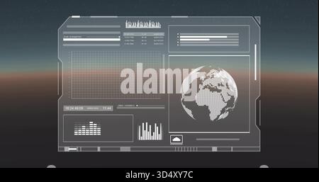 Displaying HUD panel over distant horizon, showing dotted globe grid bars waveform timecode Stock Photo