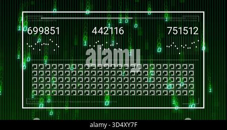 Showing centered white dashboard frame with three numeric counters and grid on dark binary streams Stock Photo