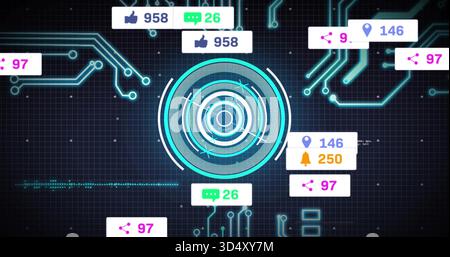 Displaying central hologram round HUD pulsing on dark grid, linking traces, badges, icons, counters Stock Photo