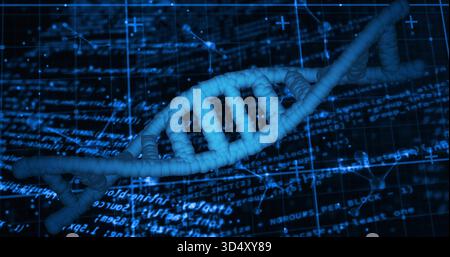 Rotating 3D blue DNA double helix twisting diagonally across navy data plane, showing code HUD Stock Photo