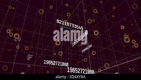 Floating central white numbers receding within 3D wireframe grid, showing 19652721080 and spheres Stock Photo