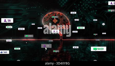 Glowing circuit brain icon pulsing above glossy plane, with neon trunk, hovering cursor and metrics Stock Photo
