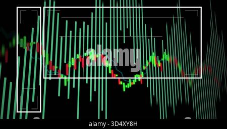 Displaying candlestick series and teal vertical bars moving on black display, with white frames Stock Photo