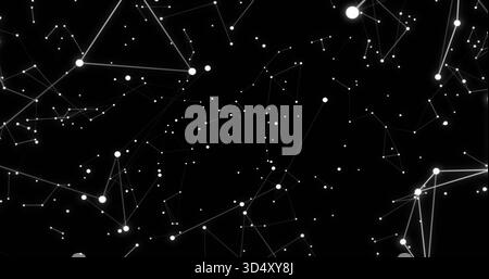 Displaying abstract network of white nodes forming thin meshes on black canvas, with glowing hubs Stock Photo