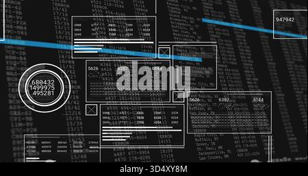 Displaying white-outlined HUD panels with concentric gauge on dark console, showing cyan bars Stock Photo