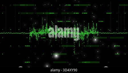 Displaying central neon-green waveform pulsing across dark digital interface, with numeric labels Stock Photo