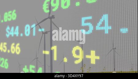Displaying LED ticker overlay covering rural wind farm with 3-blade turbines, $ â‚¬ numbers on grid Stock Photo