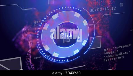 Displaying circular HUD 781 in sci-fi UI, showing upper-right timecode, overlays, magenta clouds Stock Photo