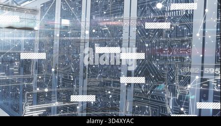 Displaying centered row of server racks glowing with status LEDs in data center, digital overlay Stock Photo