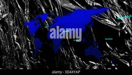 Displaying deep blue world map silhouette on crumpled foil broadcast backdrop showing cyan labels Stock Photo