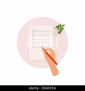 Hands holding paper sheet with check list. Colorful vector illustration in flat style. Stock Vector