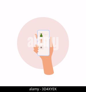 Hand holding mobile smart phone with shopp app. Online shopping concept. Stock Vector