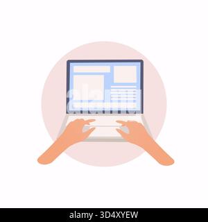 Laptop and hands on the keyboard. Vector flat illustration. Stock Vector