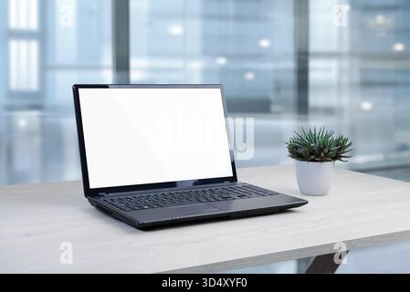 Modern laptop with blank white screen on wooden desk, minimalist office background with small potted succulent plant, perfect for technology or busine Stock Photo