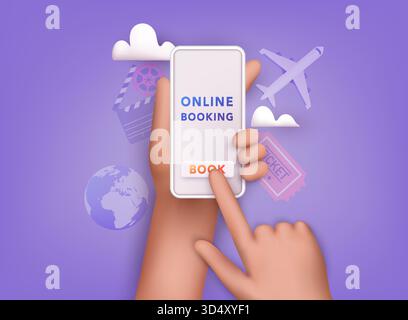 Online booking design concept for mobile phone: hotel, flight, car, tickets. 3D Vector Illustrations. Stock Vector