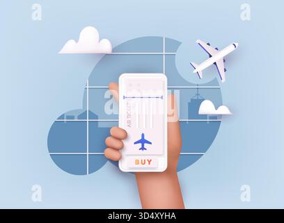 Online ticket concept. Buying tickets with smartphone. Traveling on airplane, planning a summer vacation, tourism. Stock Vector
