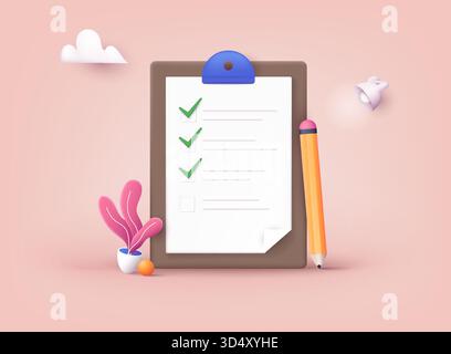 Checklist on a clipboard paper. Successful completion of business tasks. 3D Web Vector Illustrations. Stock Vector