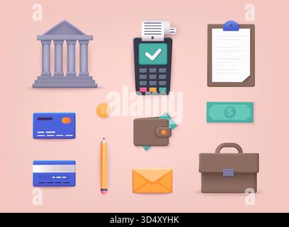 Money, finance, payments. Collection of business workflow items and elements, finance and marketing objects. 3D Vector Illustrations. Stock Vector