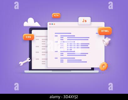 Website programming and coding. Web development and coding. 3D Vector Illustrations. Stock Vector