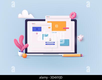 3D Web Vector Illustrations. Concept of Seo Optimization for website and mobile website. Landing page template. Stock Vector