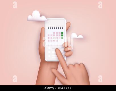 Hand holding mobile smart phone with calendar plan. Vector modern flat creative info graphics design on application. 3D Vector Illustrations. Stock Vector