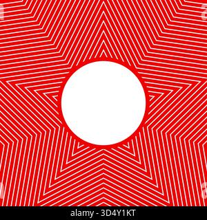 Bold geometric background with a red and white striped starburst pattern. This abstract op-art design features a blank circular frame in the center Stock Vector