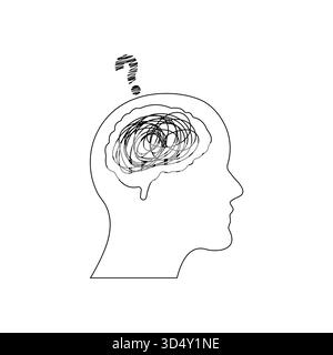 A minimalist vector illustration showing a human head with a scribbled brain and a question mark symbolizing confusion stress and anxiety Perfect Stock Vector