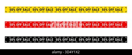 Creative red and yellow sale strip ribbon vector set with bold 50 percent off text ideal for discount offers advertising banners clearance promotion Stock Vector